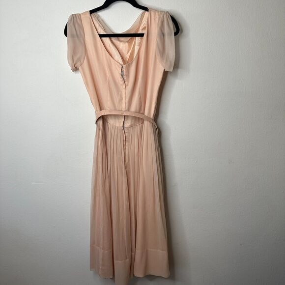 Vintage Size 15 Peach Chiffon Pleated Belted Sleeveless Dress Drape Neck BackZip - Picture 5 of 16
